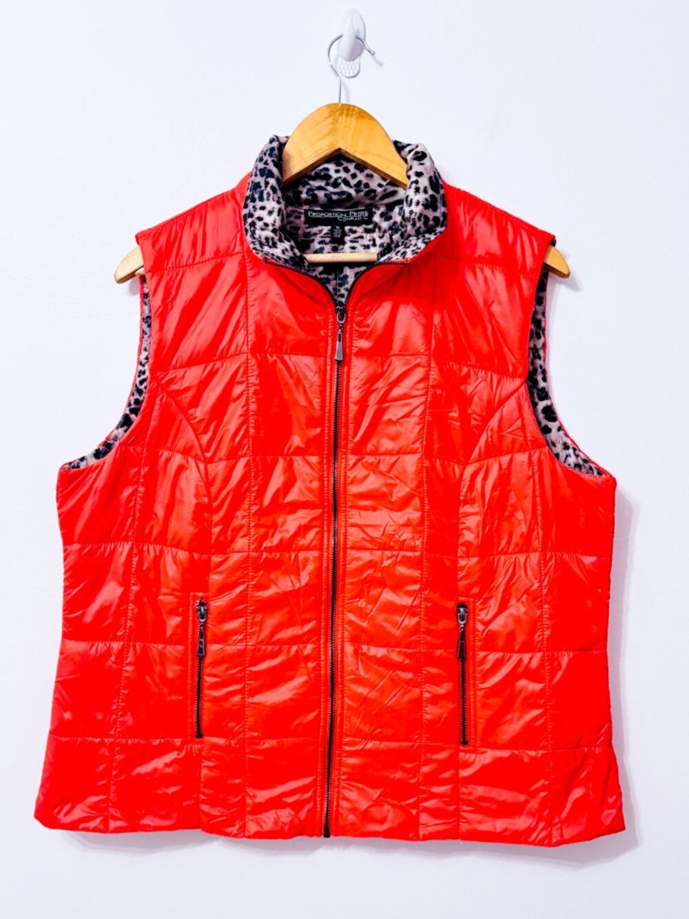 CONRAD C Orange Quilted Puffer Vest Leopard Print Lining Full Zip Size 16